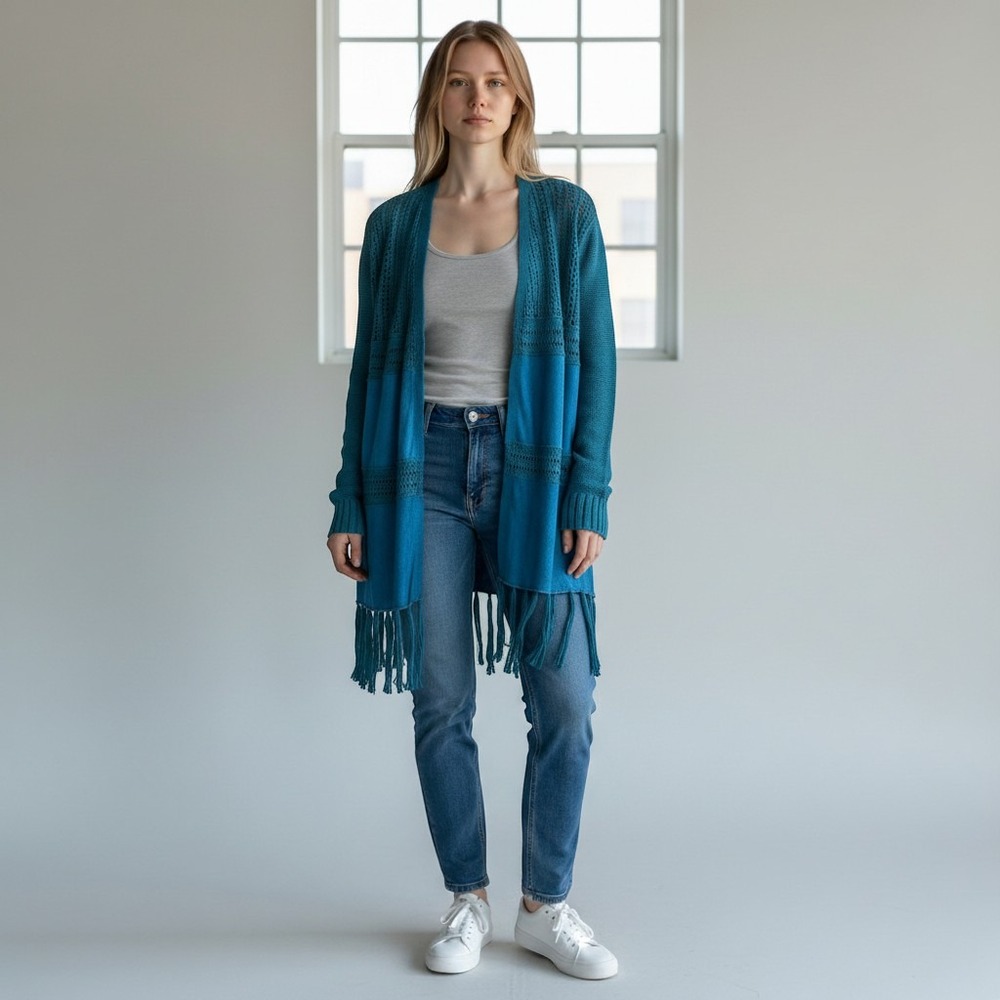 Reba Teal Blue Faux Suede Knit Fringe Open Front Cardigan Sweater Small NWT